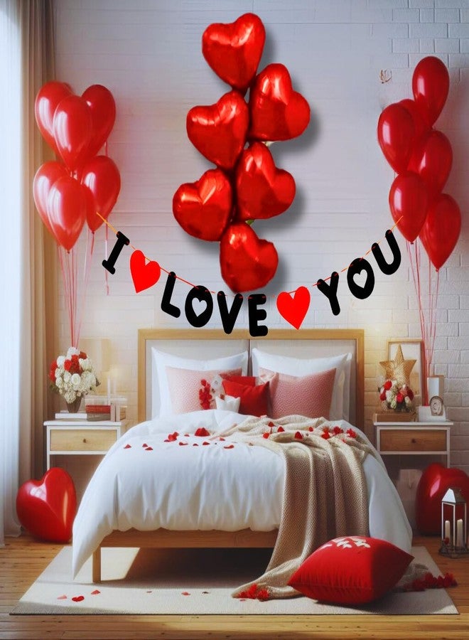 Hemito 37 Pc Valentine Decoration Kit- I Love U Banner,Balloons,Red Foil Heart| Wedding Anniversary Romantic Decoration Items for Girls Boys Couples Husband Wife - Image 1